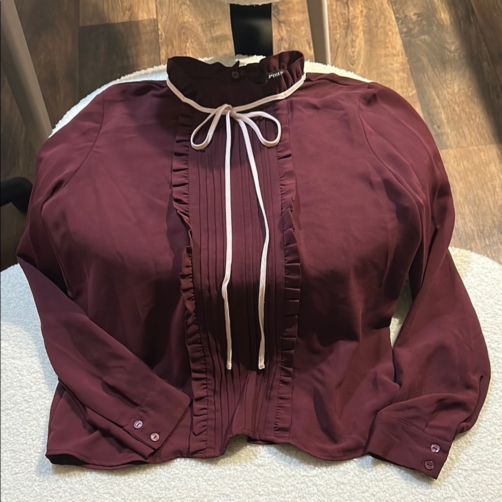 Forever 21 Red Ruffled Tie Front Blouse with Cuffed Sleeves